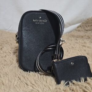 kate spade Black Pebbled Leather Crossbody with Coin Pouch and Striped Strap